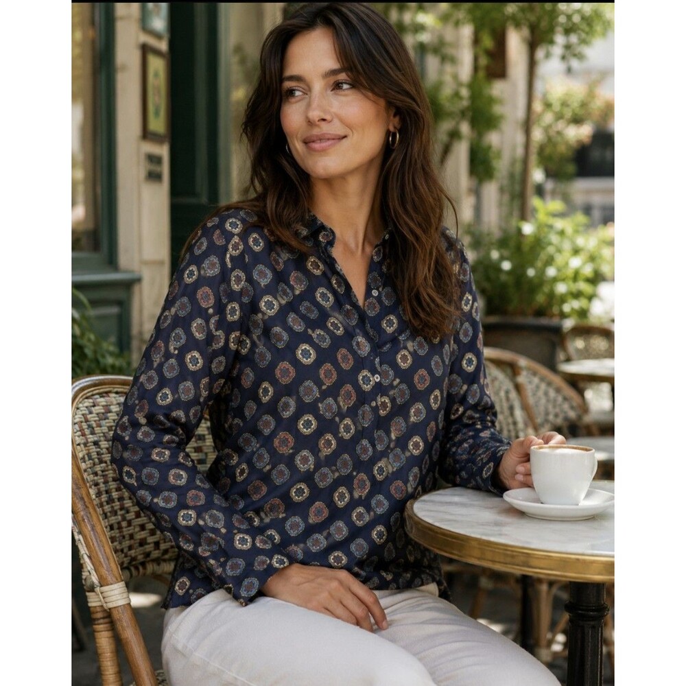 J. Crew Popover Blouse Sz 00 Blue Medallion Print Silk Cotton Blend Long Sleeve